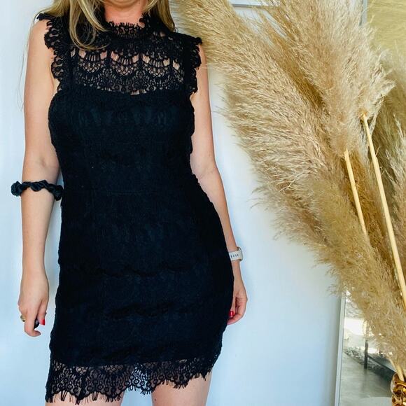 NEW FP FREE PEOPLE Black LBD Bodycon Lace Open Back High Neck Mini Slip Dress L - Picture 4 of 12